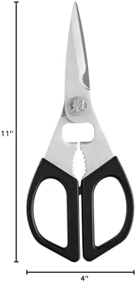 Miyabi Kitchen Shears, Precisely Sharpened Stainless Steel Blades, Long Lasting Sharpness, Smooth Cutting Accuracy, Handles Designed for Comfort, Screw Cap and Bottle Cap Opener, Made in Japan