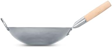 Craft Wok Flat Hand Hammered Carbon Steel Pow Wok with Wooden and Steel Helper Handle (12 Inch, Flat Bottom) / 731W316-12in