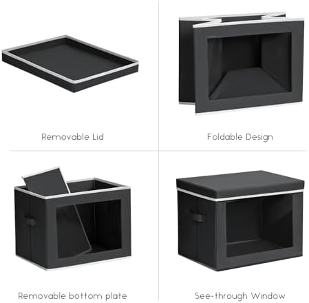 Homsorout Storage Bins with Lids - Small Fabric Organizers with Window, Collapsible Storage Bins for Clothes, Decorative Closet Organizers for Towels, Tshirt, 4 Pack, Black