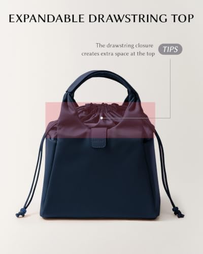 EACHY Drawstring Lunch Bag for Women Insulated Cute Bucket Lunch Box Tote Reusable Work Lunch Pail with 2 Side Pockets Thermal Cooler Handbag for Office Commute Gym (Navy Blue)