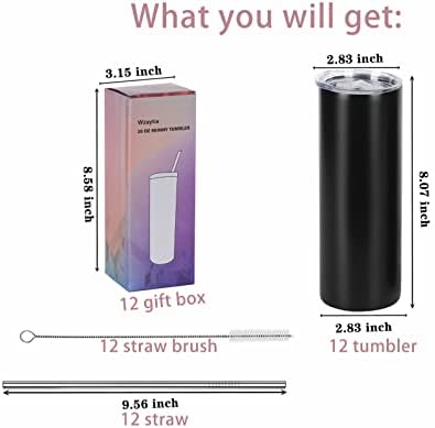 12 Pack 20 Oz Straight Skinny Tumblers,Individually Gift Boxed Stainless Steel Slim Skinny Tumbler Set Bulk, 20 Oz Insulated Slim Thin Travel Tumbler Cup for Diy, Black