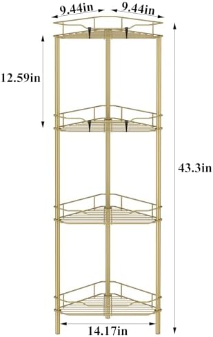 HuggieGems Metal Floor Standing Corner Shower Caddy, Gold, 4 Tier