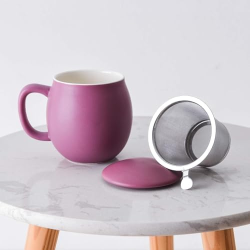 Yundu 12 OZ Matte Purple Ceramics Teacup with Infuser and Lid, Mug with Lid for Steeping - Stainless Steel Infuser for Loose Leaf Tea, Home Office Gift for Tea Lovers