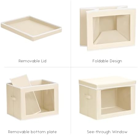 Homsorout Storage Bins with Lids - Small Fabric Organizers with Window, Collapsible Storage Bins for Clothes, Decorative Closet Organizers for Towels, Tshirt, 3 Pack, Beige