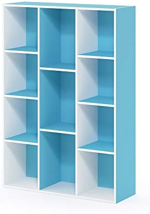 Furinno LUDER Book Shelf, 11-Cube Bookshelf, Reversible Bookcase, 9.4 x 29.1 x 41.7, Easy Assembly, for Living Room, Bedroom, Home Office, White/Light Blue