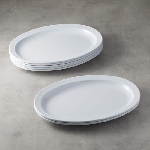 Amazon Basics Melamine Oval Serving Platter for Restaurants and Home, Dishwasher Safe, BPA Free, Break and Crack Resistant, Narrow Rim, 13" x 9.75", White, 6-Piece Set