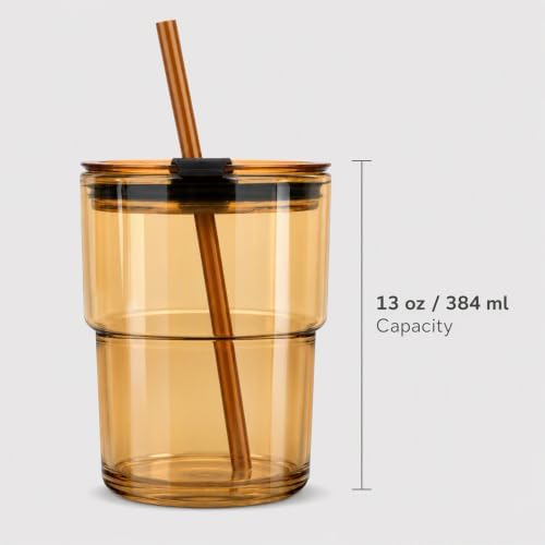 13 oz Glass Tumbler with Straw and Lid, Reusable Iced Coffee Cup, Leak-Proof Thick Wall Travel Glass for Water, Matcha, Home, Office & Car Cup Holder, BPA-Free Cute Coffee Mug (1, Amber)