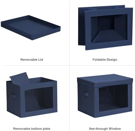 Homsorout Stackable Storage Bins with Lids - Large Storage Box with Lids, Foldable Closet Boxes for Organizing, Wardrobe Clothes Organizer with Window, Cubes Bins for Living Room, 4 Pack, Navy Blue
