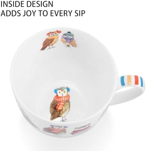 Cute Autumn Owls Coffee Mug, 20 oz Bone China Mugs with Charming Owls in Color Scarves and Hats, Perfect Brithday and Christmas Gift for Bird Enthusiasts, Designed in England by Harvest Green Studio