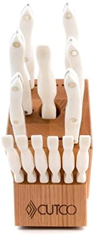 CUTCO Model 2008 Galley +6 Table Knives with White "Pearl" Handles....13 High Carbon Stainless knives & forks in factory-sealed plastic bags........#1744 Honey Oak knife block and #125 10" x 14" Poly Prep cutting board included.