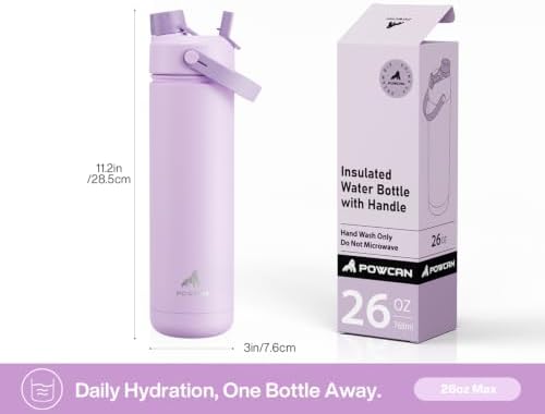 POWCAN 26 oz Insulated Water Bottle with 2-in-1 Straw and Spout Lid, Keep Cold 24H, Leak-Proof, Fits in Car Cup Holder, Stainless Steel Water Bottle for Sports, Travel, Gym, Gift, School (Lavender)