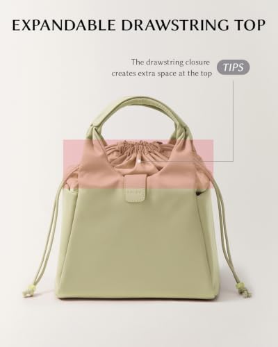 EACHY Drawstring Lunch Bag for Women Insulated Cute Bucket Lunch Box Tote Reusable Work Lunch Pail with 2 Side Pockets Thermal Cooler Handbag for Office Commute Gym(Green)