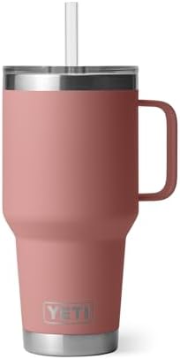 YETI Rambler 35 oz Tumbler with Handle and Straw Lid, Travel Mug Water Tumbler, Vacuum Insulated Cup with Handle, Stainless Steel, Sandstone Pink