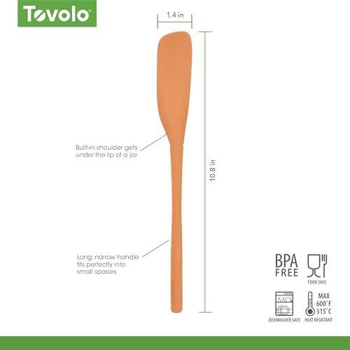 Tovolo Silicone Jar Spatula Long Handled Rubber Scraping Scooping Tool for Peanut Butter Jam Jelly Jars Blenders, Extra Long Flex Core Silicone Jar Scraper Dishwasher Safe BPA Free, Apricot Orange