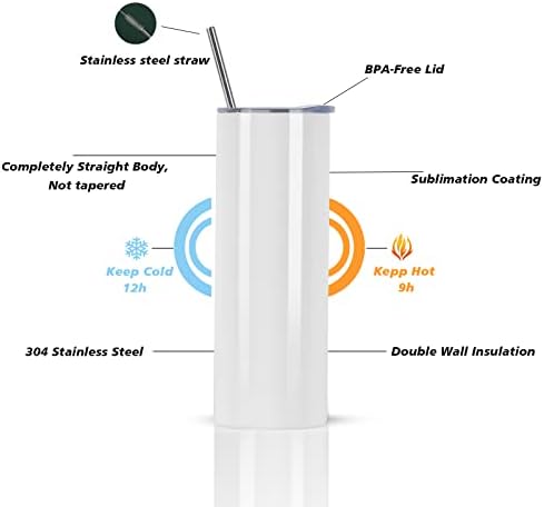 24 Pack Sublimation Tumblers Bulk 20 oz Skinny Straight, Sublimation Blanks Double Wall Stainless Steel Skinny Tumbler with Lid and Straw, Shrink Wrap Film, Individually Boxed, for Heat Press Machine