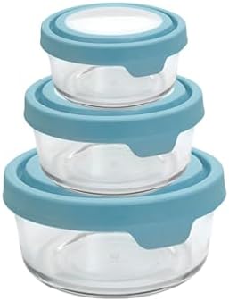 Anchor Hocking TrueSeal Round Glass Food Storage Containers with Airtight Lids, Mineral Blue, 6 Piece Set (3 Containers with Lids)