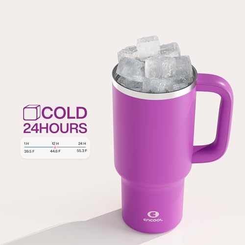 ENCOOL 32 oz Tumbler with Handle and Straw: Stainless Steel Insulated Tumbler Keeps Cold for 24 Hours, Leakproof Travel Cup Fits in Cup Holder and BPA-Free,Bright Magenta