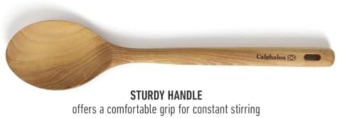 Calphalon Prime Cooking Spoon, 13-Inch Teak Wood Kitchen Spoon, Stirring Spoon for Mixing, Serving & Nonstick Cookware, Durable Moisture-Resistant Design
