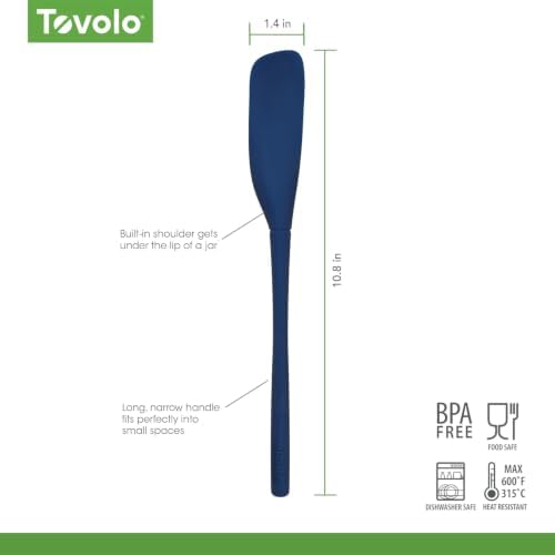 Tovolo Silicone Jar Spatula Long Handled Rubber Scraping Scooping Tool for Peanut Butter Jam Jelly Jars Blenders, Extra Long Flex Core Silicone Jar Scraper Dishwasher Safe BPA Free, Deep Indigo