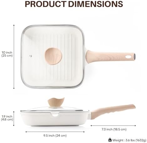 Kordisen Nonstick Grilling Pan with Lid for Stove Tops, 9.5 Inch Square Grill Pan for Indoor Cooking, Healthy Coating Grill Skillet with Pour Spouts, Versatile Griddle, Induction Steak Pan, White