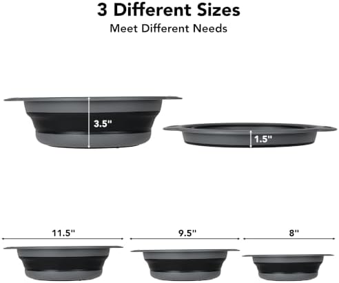 Collapsible Colander Set of 3, Silicone Food Foldable Strainer for Cooking Pasta, Vegetables and Fruit (3QT, 4QT and 5QT), Black