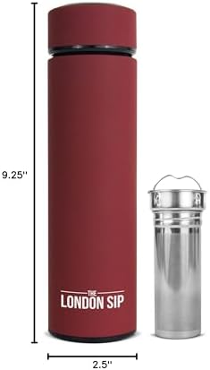 The London Sip Multi-Purpose Travel Mug and Tumbler Fruit Infused Flask Hot and Cold Double Wall Stainless Steel Thermos with Extra-Long Infuser, Sacred Red