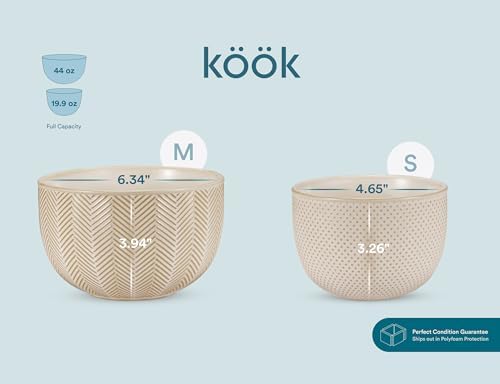 KooK Ceramic Nesting Bowls, Embossed, Oven Safe, Set of 4, Almond