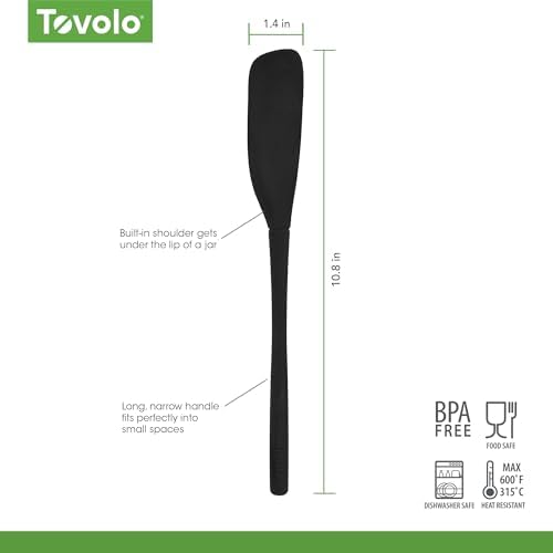 Tovolo Silicone Jar Spatula Long Handled Rubber Scraping Scooping Tool for Peanut Butter Jam Jelly Jars Blenders, Easy Reach Extra Long Flex Core Silicone Jar Scraper Dishwasher Safe BPA Free, Black