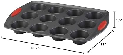 Rachael Ray Yum-o! Nonstick Bakeware 12-Cup Muffin & Cupcake Tin With Grips - Gray with Red Grips