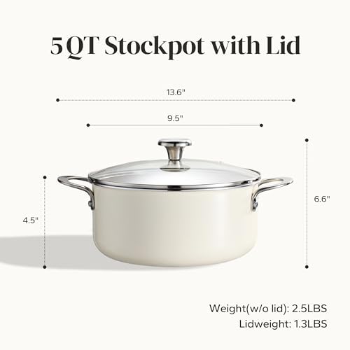 Redchef Ceramic Stock Pot with Lid, Soup Pot for All Stoves, 5 Qt Induction Cooking Pot for Soup Nonstick, Even Heating, Stay-Cool Handles, Oven/Dishwasher Safe, PTFE PFAS Free (Beige)