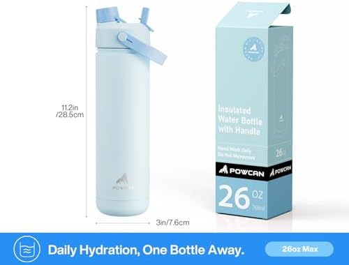 POWCAN 26 oz Insulated Water Bottle with 2-in-1 Straw and Spout Lid, Keep Cold 24H, Leak-Proof, Fits in Car Cup Holder, Stainless Steel Water Bottle for Sports, Travel, and School (Sea Breeze)