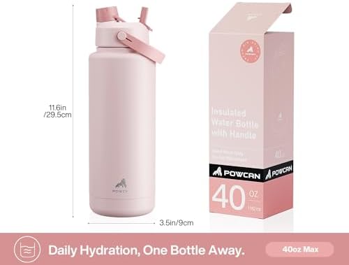 POWCAN 40 oz Insulated Water Bottle with 2-in-1 Straw and Spout Lid, Keep Cold 24H, Leak-Proof, BPA-Free, Double Wall Stainless Steel Water Bottle for Sports, Gym, Travel, and School (Berry Daydream)
