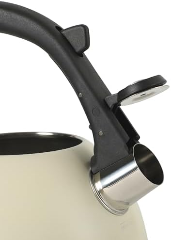 Mr. Coffee Clarefield 2.4 Qt Whistling Tea Kettle – Linen White Stovetop Water Kettle with Lid, Heat-Resistant Nylon Handle and Knob, Stainless Steel Trim