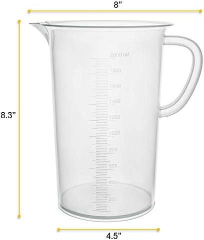 EISCO Plastic Pitcher, 2000mL (2L) - Molded Graduations - Chemical Resistant & Autoclavable Polypropylene - Measuring Jug (Pack of 2)