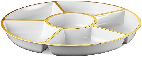 Plasticpro 6 Sectional Round Plastic Serving Tray/Platter (2, White & Gold)