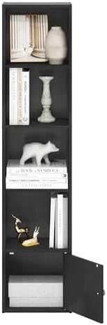 Furinno LUDER Book Shelf, 5-Tier Modern Bookshelf, Bookcase with 1 Door Storage Cabinet, 9.3 x 12 x 52, for Organization and Storage, for Living Room, Bedroom, Home Office, Blackwood