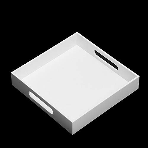 KEVLANG Glossy White Sturdy Acrylic Serving Tray with Handles-10x10Inch-Serving Coffee,Appetizer,Breakfast,Butler-Kitchen Countertop-Makeup Drawer Organizer-Vanity Table,Ottoman Tray-Decorative Tray