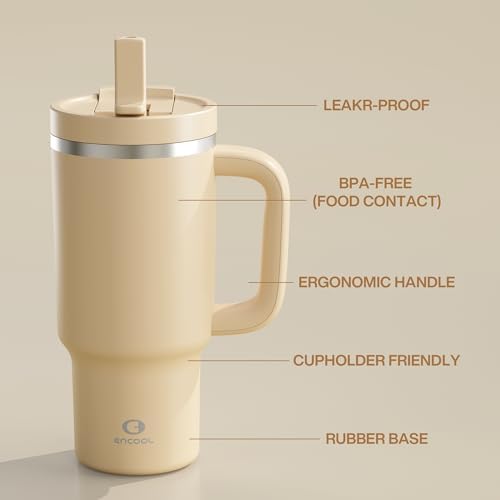 ENCOOL 32 oz Tumbler with Handle and Straw: Stainless Steel Insulated Tumbler Keeps Cold for 24 Hours, Leakproof Travel Cup Fits in Cup Holder and BPA-Free, Indian Khaki