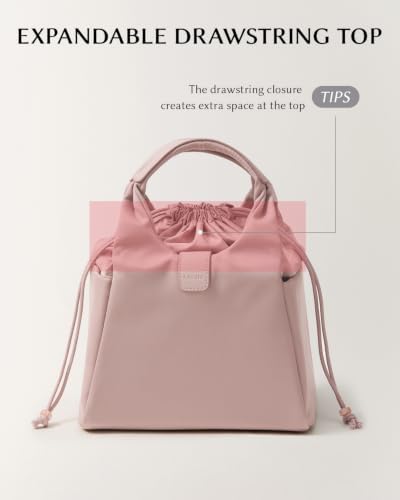 EACHY Drawstring Lunch Bag for Women Insulated Cute Bucket Lunch Box Tote Reusable Work Lunch Pail with 2 Side Pockets Thermal Cooler Handbag for Office Commute Gym (Pink)