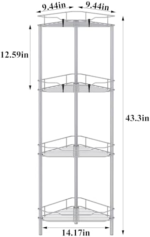HuggieGems Metal Floor Standing Corner Shower Caddy, Silver, 4 Tier