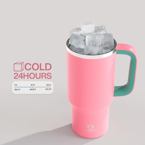 ENCOOL 32 oz Tumbler with Handle and Straw: Stainless Steel Insulated Tumbler Keeps Cold for 24 Hours, Leakproof Travel Cup Fits in Cup Holder and BPA-Free,Tulip