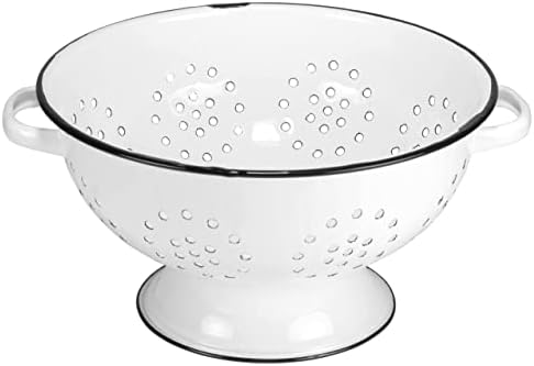 Red Co. Enamelware Metal Classic 10.5 Inch Round Food Strainer Colander with Two Handles, Distressed White/Black Rim