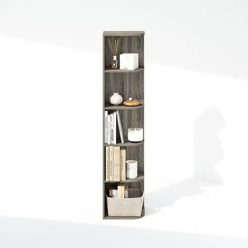 Furinno Reed Corner Shelf, 5-Tier Corner Bookshelf, Book Shelf, Corner Shelves, Storage Rack, for Organization and Storage, Home Office, Living Room, French Oak