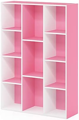 Furinno LUDER Book Shelf, 11-Cube Bookshelf, Reversible Bookcase, 9.4 x 29.1 x 41.7, Easy Assembly, for Living Room, Bedroom, Home Office, White/Pink