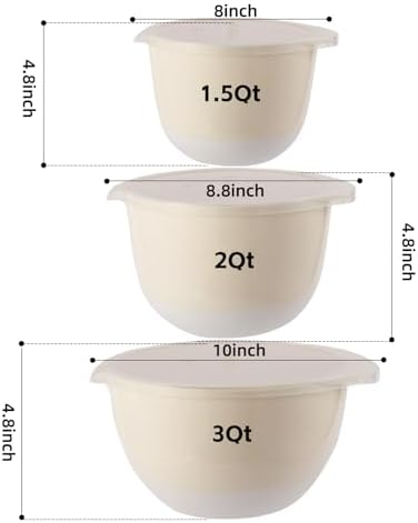 3 Small Plastic Mixing Bowls with Pour Spout,Lids and TPR Non-Slip Bottom,Nesting Batter Bowl Set for Kitchen Prep,Baking,Storage,BPA Free,Easy to Grip,1.5Qt,2Qt,3Qt,White