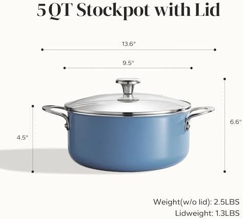Redchef Ceramic Stock Pot, Induction Cooking Pot with Glass Lid for Soup, 5Qt Stockpot Nonstick Soup Pot, Even Heating, Stay-Cool Handles,Fits All Stoves, Oven/Dishwasher Safe, PFAS Free (Blue)