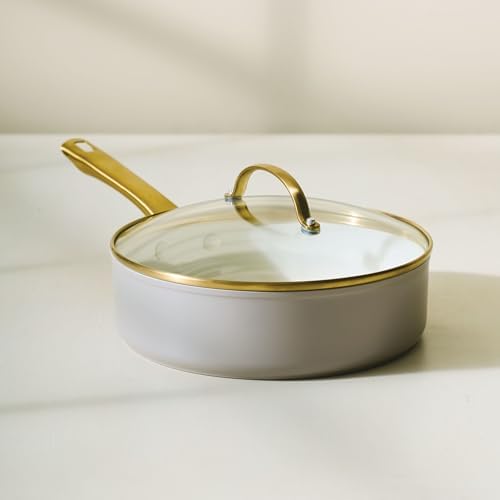 Farberware Forged Induction Ceramic Nonstick Saute Pan/Jumbo Cooker with Lid, Dishwasher Safe, Gold Color Stainless Steel Handle, 3 Quart Sauteuse Pan - Taupe