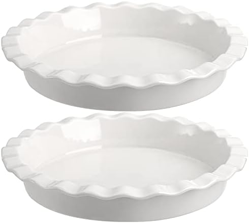 Foraineam Porcelain Pie Pan for Baking, Oven Safe Pie Plate Baking Dish, 9 Inches Round Deep Dish with Ruffled Edge, Set of 2