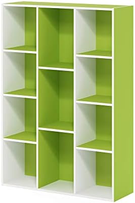 Furinno LUDER Book Shelf, 11-Cube Bookshelf, Reversible Bookcase, 9.4 x 29.1 x 41.7, Easy Assembly, for Living Room, Bedroom, Home Office, White/Green