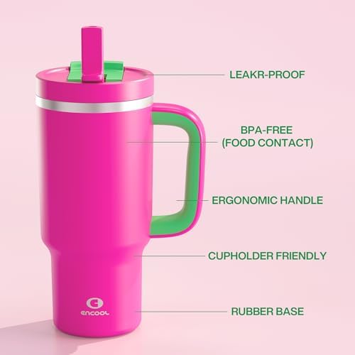 ENCOOL 32 oz Tumbler with Handle and Straw: Stainless Steel Insulated Tumbler Keeps Cold for 24 Hours, Leakproof Travel Cup Fits in Cup Holder and BPA-Free,Knockout Pink